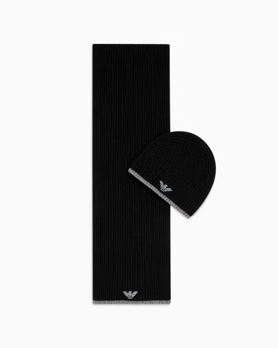 Emporio Armani Hat And Scarf Set With Embroidered Eagle In Black