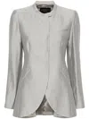 EMPORIO ARMANI HEATHER GREY TEXTURED BLAZER JACKET WITH DART DETAILING AND FAUX POCKET FOR WOMEN