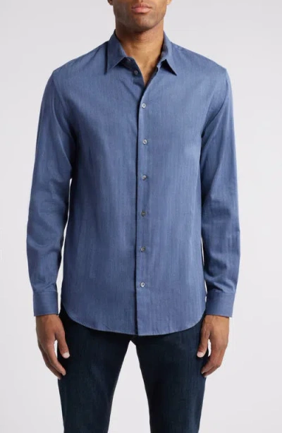 Emporio Armani Herringbone Cotton Button-up Shirt In Solid Medium Blue