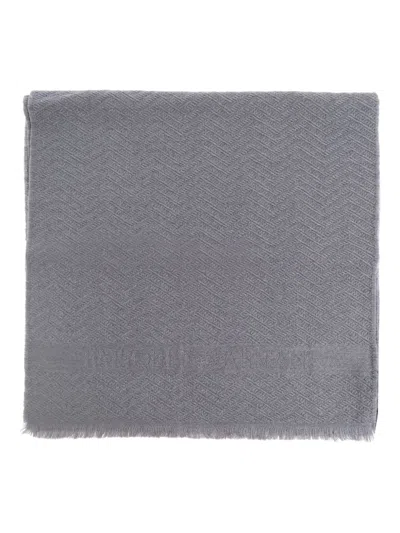 Emporio Armani Herringbone Wool Scarf In Gray