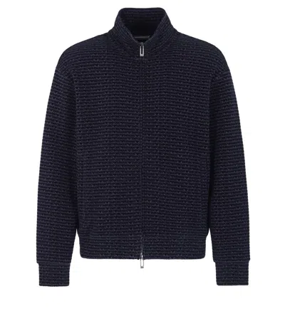 Emporio Armani Full-zip Jersey Sweatshirt With All-over Flocked Lettering In Blue