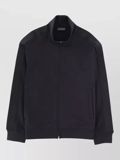 Emporio Armani High Collar Zip Sweatshirt Ribbed Trims In Blue