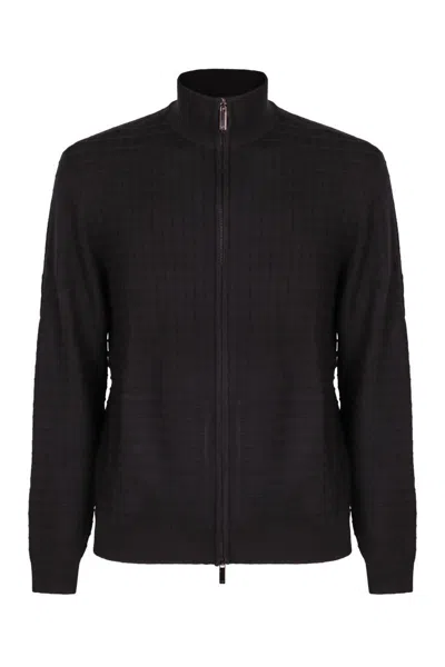 Emporio Armani High Collar Zipped Cardigan In Black
