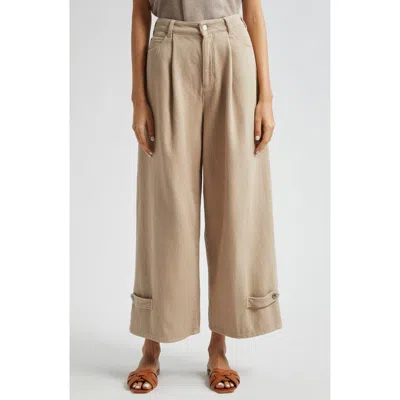 Emporio Armani High Crop Wide Leg Cotton Twill Pants In Solid Medium Beige