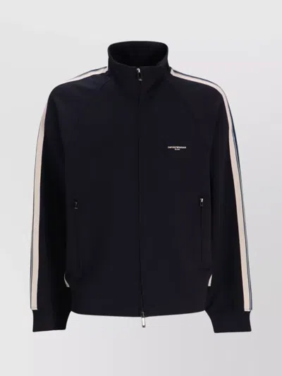 Emporio Armani High Neck Cotton Sweatshirt With Side Stripe In Black