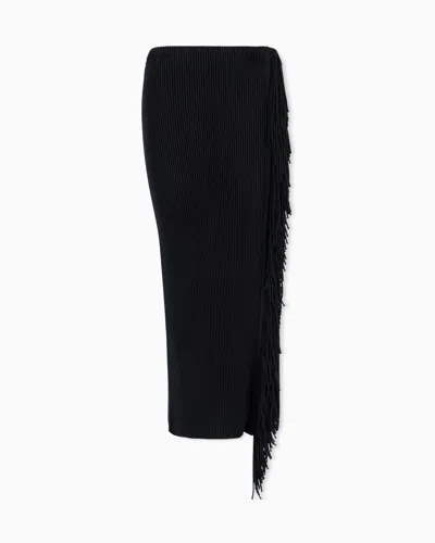 Emporio Armani High-waisted Viscose Skirt With A Slit And Side Fringe In Black