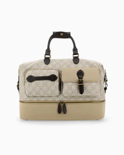 Emporio Armani Holdall With Monogram Front Pockets And Bottom Compartment In Neutral