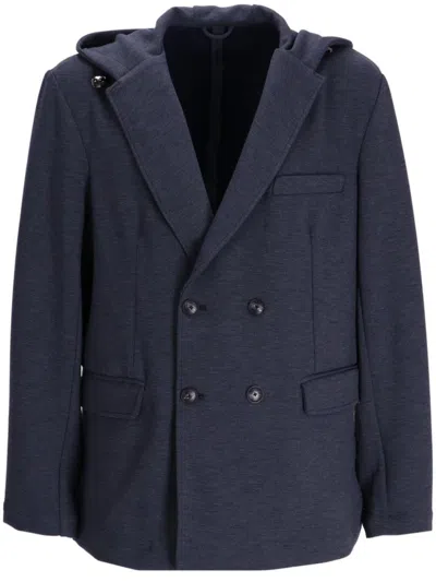 Emporio Armani Hooded Double-breasted Blazer In Blue