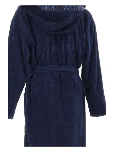 Emporio Armani Hooded Jacquard-logo Bathrobe In Blue