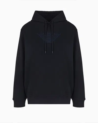 Emporio Armani Hooded Jersey Sweatshirt With Logo Embroidery In Navy Blue