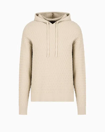 Emporio Armani Hooded Jumper In A Tuck Stitch Viscose Blend In Neutral