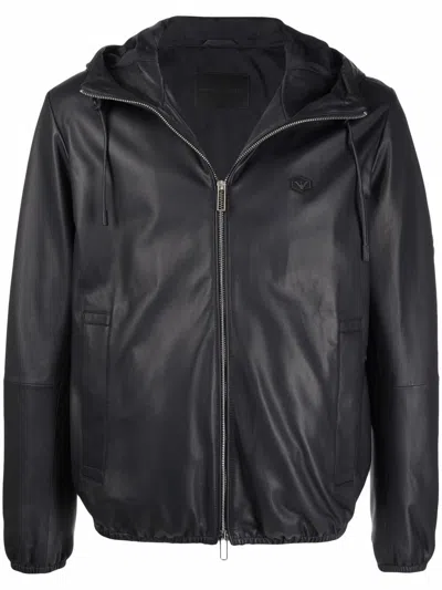 Emporio Armani Hooded Leather Blouson Jacket In Blue