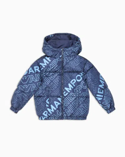 Emporio Armani Kids' Hooded Nylon Jacket With Ea Crew Logo Lettering In Navy Blue