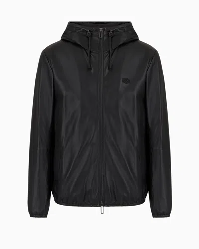 EMPORIO ARMANI HOODED, SEMI-ANILINE NAPPA LAMBSKIN BLOUSON WITH FULL-LENGTH ZIP