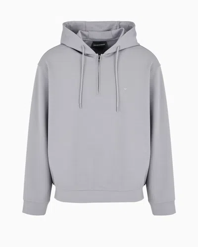 Emporio Armani Hooded Sweatshirt With Partial Zip, In A Wool-blend Jersey In Grey