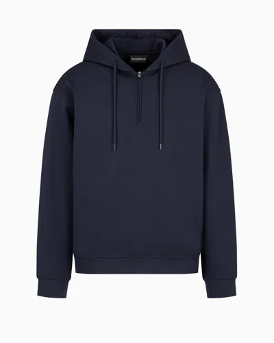 Emporio Armani Hooded Sweatshirt With Partial Zip, In A Wool-blend Jersey In Blue