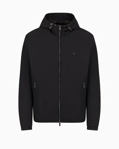 Emporio Armani Hooded, Water-repellent Nylon Blouson With Logo Patch In Black