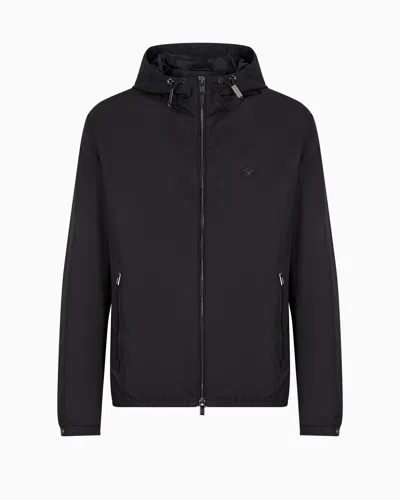 EMPORIO ARMANI HOODED, WATER-REPELLENT NYLON BLOUSON WITH LOGO PATCH
