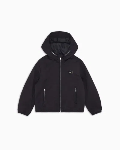 Emporio Armani Kids' Hooded, Water-repellent Nylon Jacket With Logo Patch In Navy Blue