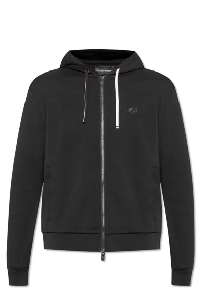 Emporio Armani Branded Zip Hooded Top In Black