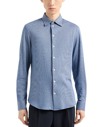 Emporio Armani Houndstooth Jersey Button Down Shirt In Blue