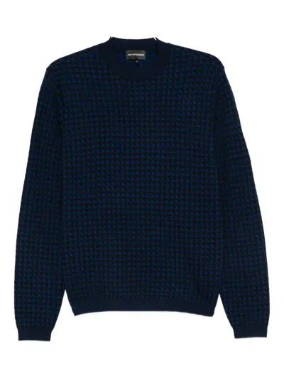 Emporio Armani Geometric Pattern Crewneck Wool Jumper In Blue