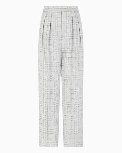 Emporio Armani Icon Check-motif Linen-blend Trousers With Pleats In Grey
