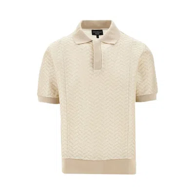 Emporio Armani Icon Chevron Knitted Polo Shirt In Beige