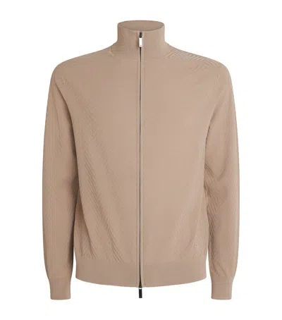Emporio Armani Icon Chevron Zip Cardigan In Neutral