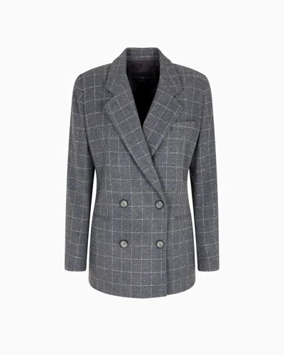 Emporio Armani Icon Flannel Double-breasted Blazer With A Check Motif In Gray