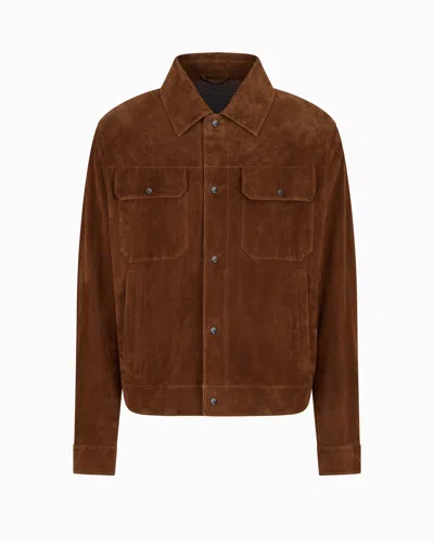 Emporio Armani Icon Goat Suede Jacket With Micro Perforations In Brown
