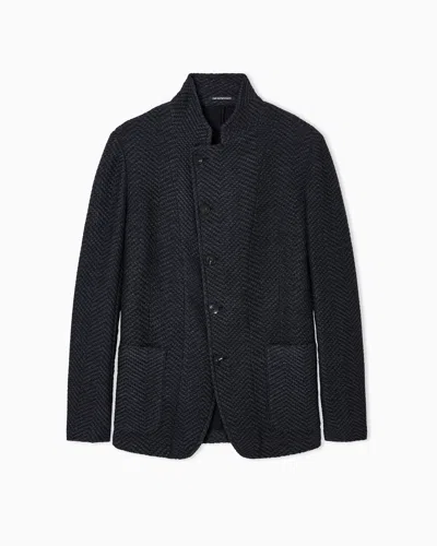 Emporio Armani Icon Guru-collar Jacket With Off-centre Fastening In A Chevron Wool Knit In Black
