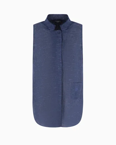 Emporio Armani Icon Linen-blend Chambray Oversized Top In Blue
