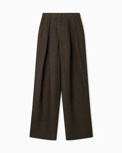Emporio Armani Icon Linen Chambray Trousers With Godet Pleats In Brown