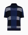 Emporio Armani Icon Short-sleeved Virgin Wool Mock-neck Jumper With A Plated Check Motif In Blue