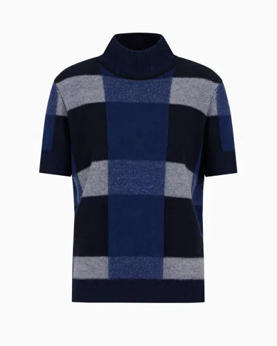 Emporio Armani Icon Short-sleeved Virgin Wool Mock-neck Jumper With A Plated Check Motif In Black