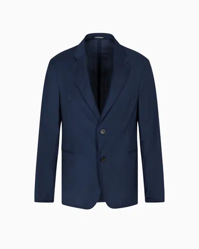 Emporio Armani Icon Single-breasted Jacket In Tropical Light Wool Canvas In Blue