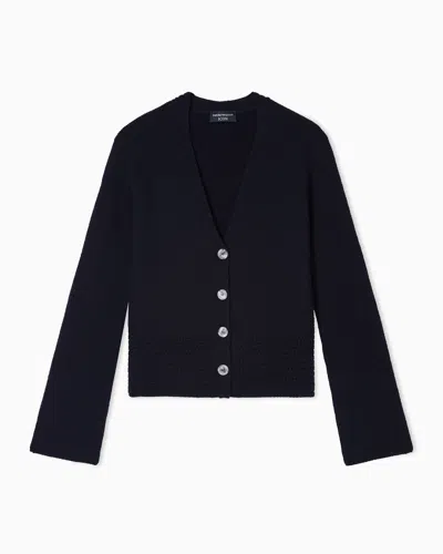 Emporio Armani Icon V-neck Cardigan In Links-stitch Wool With Openwork In Blue