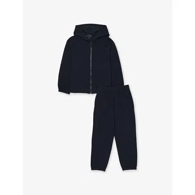Emporio Armani Kids' Iconico 0920 Blu Navy Ea Relaxed-fit Hooded Cotton Tracksuit Set 4-16 In Black