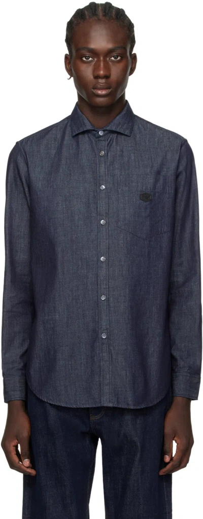 Emporio Armani Indigo Lightweight Denim Shirt In Solid Dark