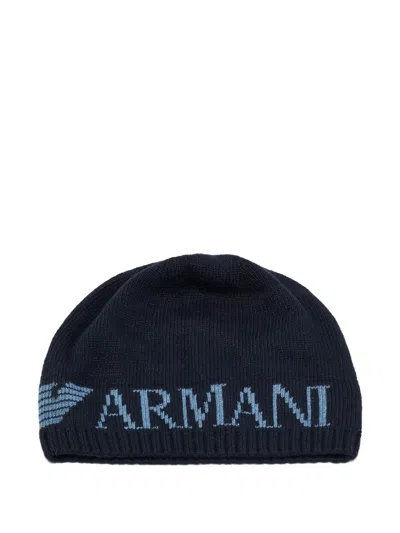 Pre-owned Emporio Armani Intarsia-knit Logo Beanie Hat