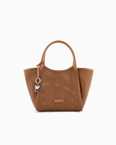 Emporio Armani Interwoven Shopper Bag With Logo Charm In Brown