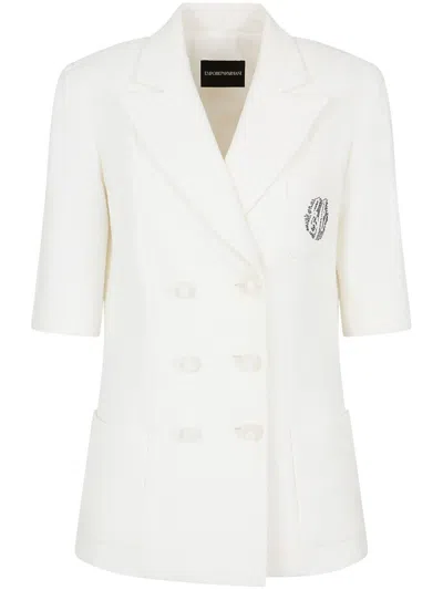 Emporio Armani Ivory White Cotton Tweed Blazer Jacket For Women