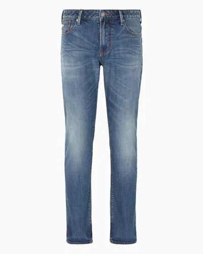 Emporio Armani J06 Slim-fit, Bleached-effect Comfort-denim Jeans In Blue