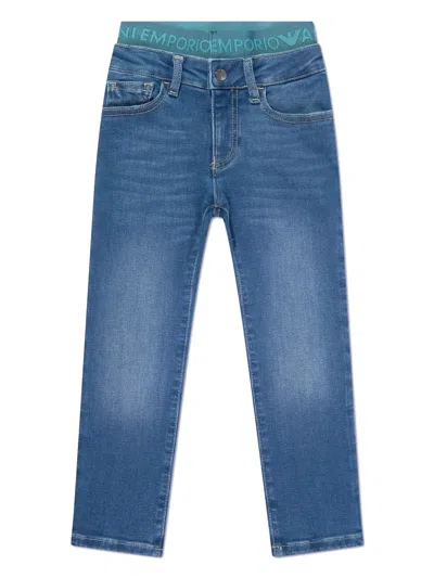 Emporio Armani Kids' J07 Logo-waistband Straight-leg Jeans In Blue