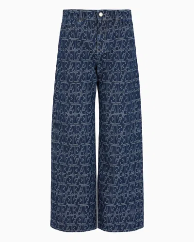 Emporio Armani J33 Mid-rise Cropped, Flared Jacquard Denim Jeans With All-over Ea Lettering In Patterned