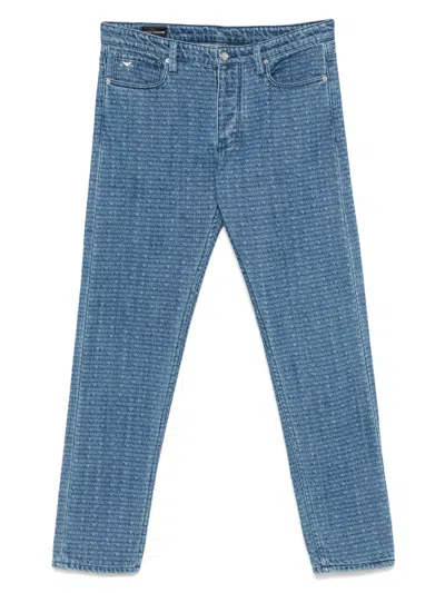 Emporio Armani Allover Logo Denim Jeans In Clear Blue