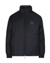 Emporio Armani Reversible Navy Wool-blend Jacket With High Collar And Logo Patch In Blue