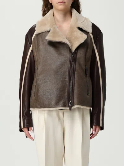 Emporio Armani Long Sleeve Leather Jacket In Brown