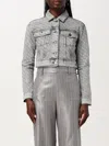 Emporio Armani Cropped Denim Jacket With Rhinestone Detail In Grau